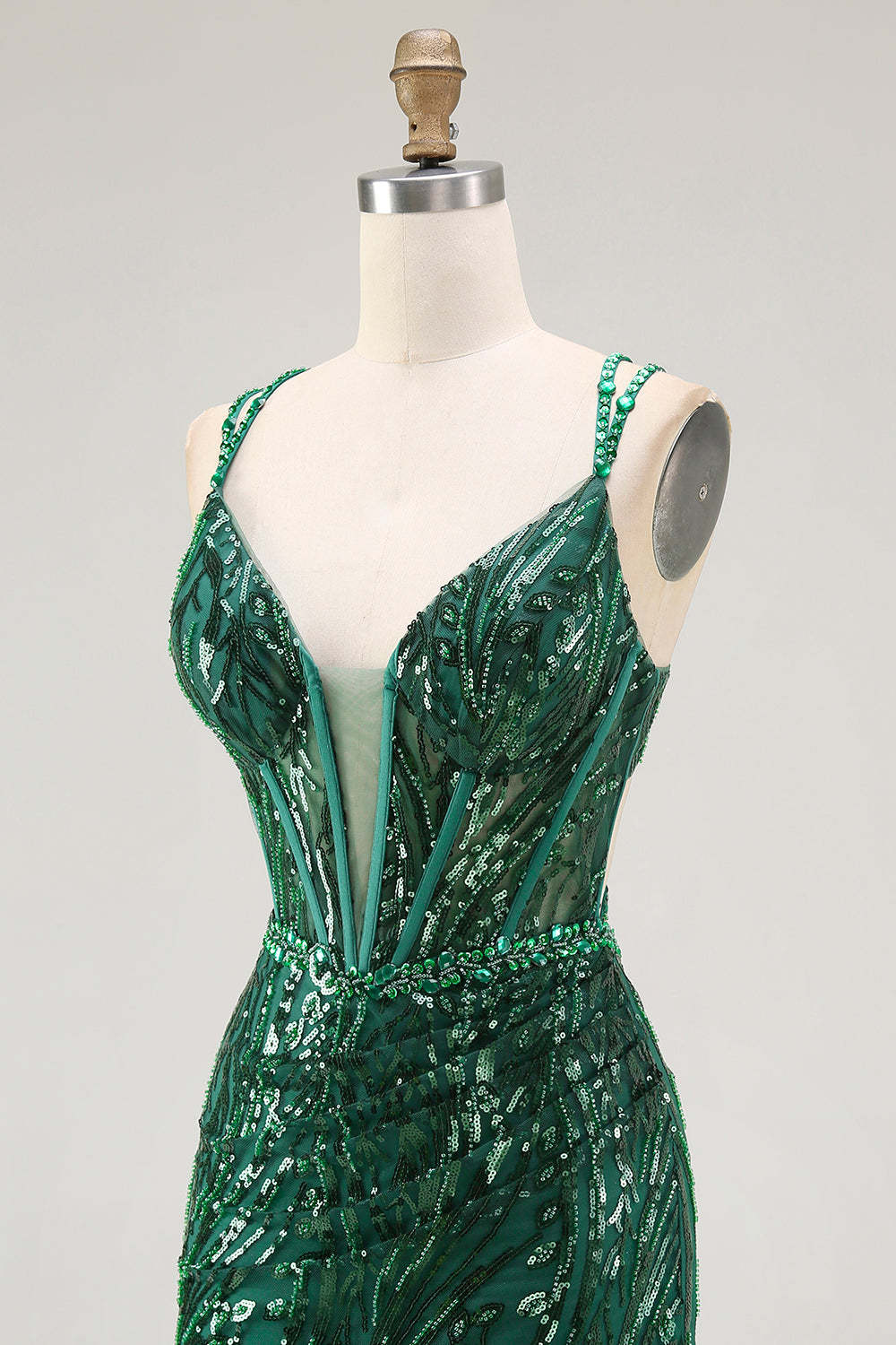 Sparkly Sequin Dark Green Corset Tight Spaghetti Straps Short Homecoming Dress