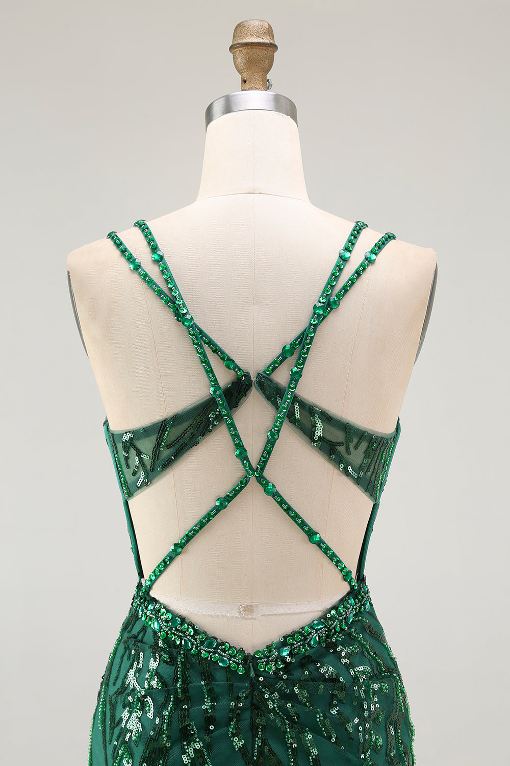 Sparkly Sequin Dark Green Corset Tight Spaghetti Straps Short Homecoming Dress