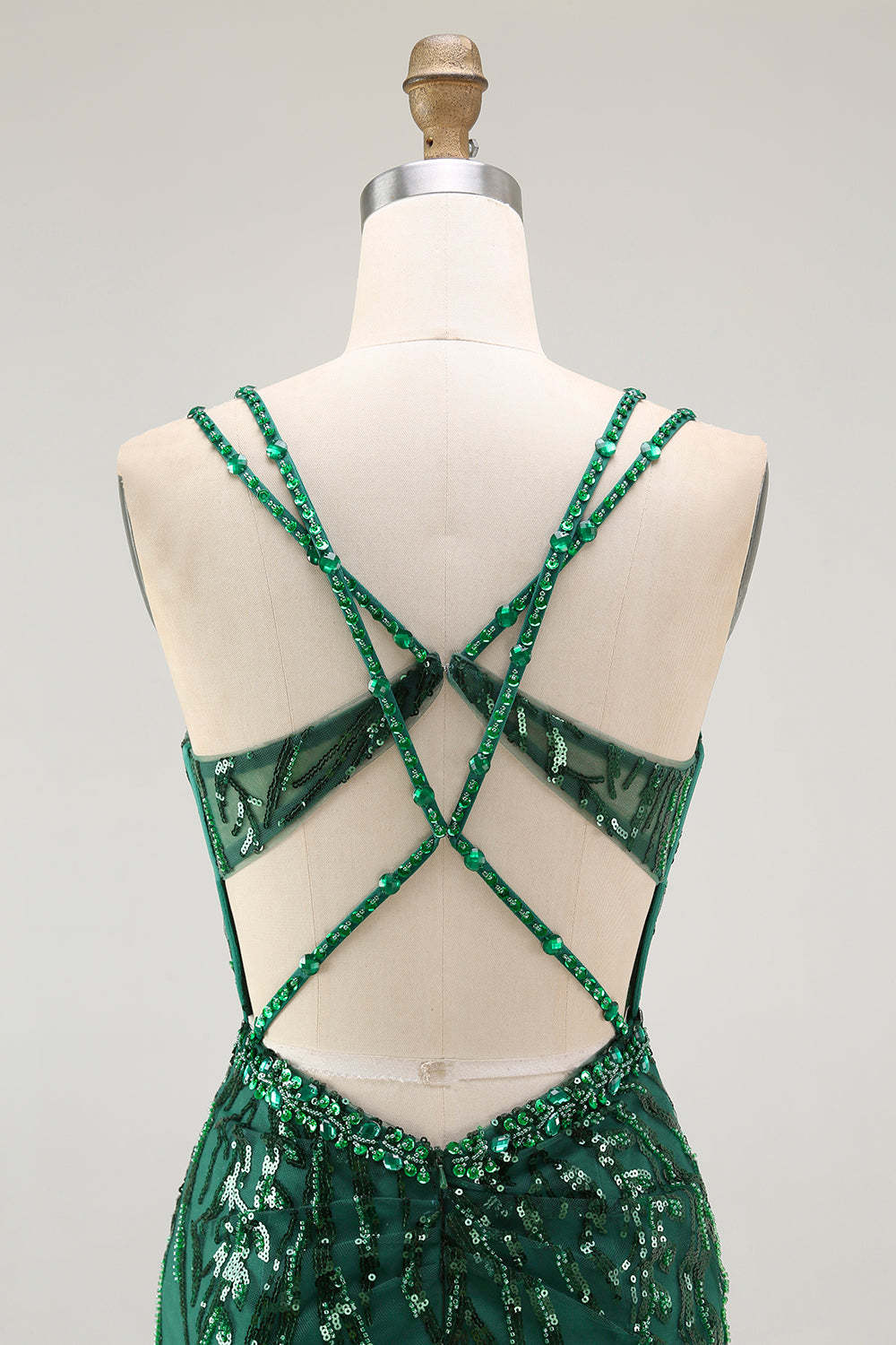 Sparkly Sequin Dark Green Corset Tight Spaghetti Straps Short Homecoming Dress