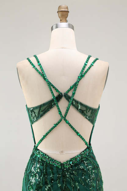 Sparkly Sequin Dark Green Corset Tight Spaghetti Straps Short Homecoming Dress
