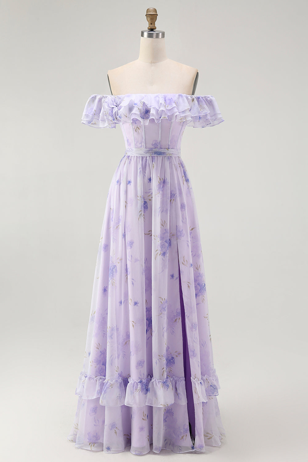Lavender Corset Floral A Line Maxi Wedding Guest Dress with Ruffles