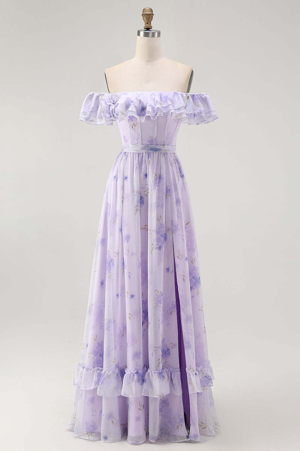 Leely Women Lavender Corset Floral Maxi Wedding Guest Dress with Slit A Line Off the Shoulder Bridesmaid Dress with Ruffles