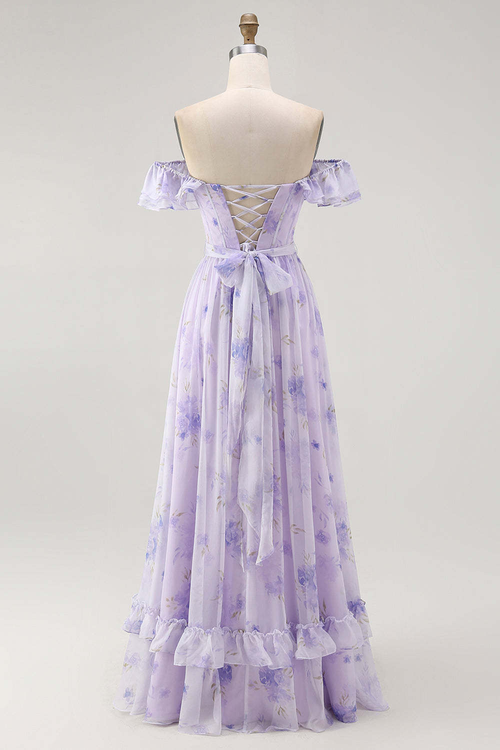 Lavender Corset Floral A Line Maxi Wedding Guest Dress with Ruffles