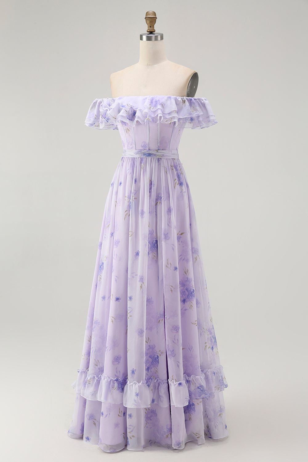 Lavender Corset Floral A Line Maxi Wedding Guest Dress with Ruffles