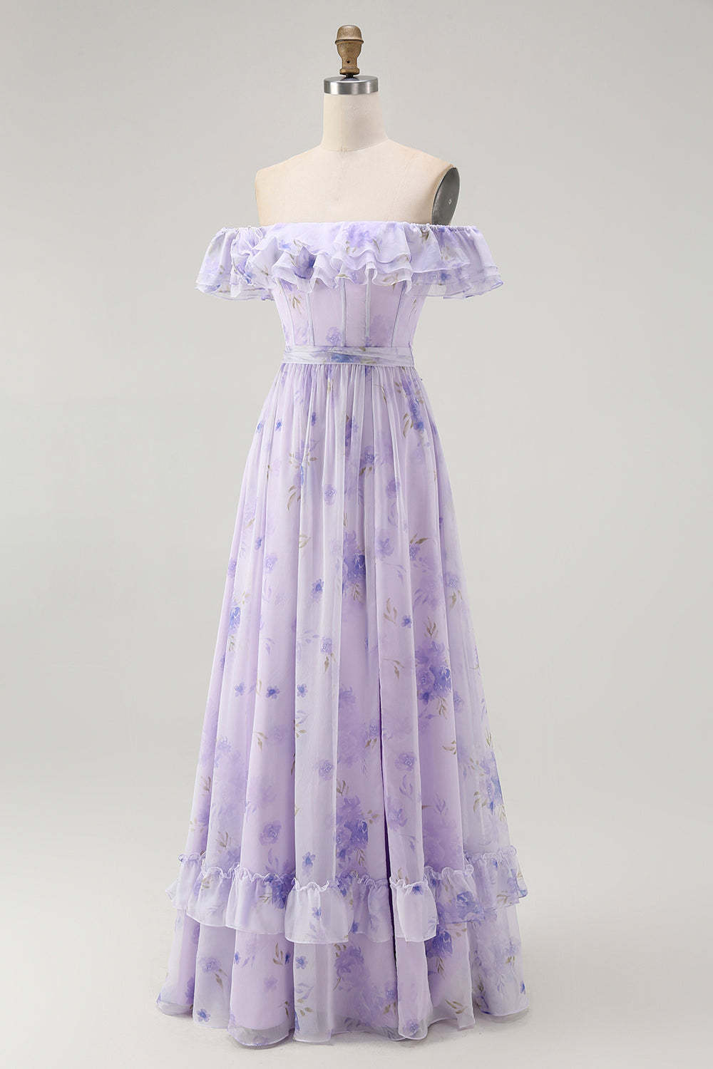 Lavender Corset Floral A Line Maxi Wedding Guest Dress with Ruffles
