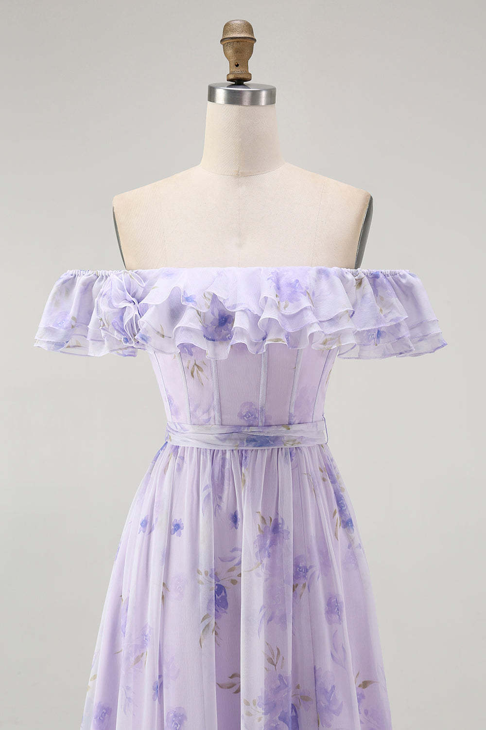 Lavender Corset Floral A Line Maxi Wedding Guest Dress with Ruffles