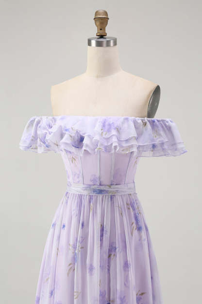 Lavender Corset Floral A Line Maxi Wedding Guest Dress with Ruffles