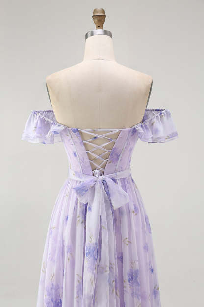 Lavender Corset Floral A Line Maxi Wedding Guest Dress with Ruffles