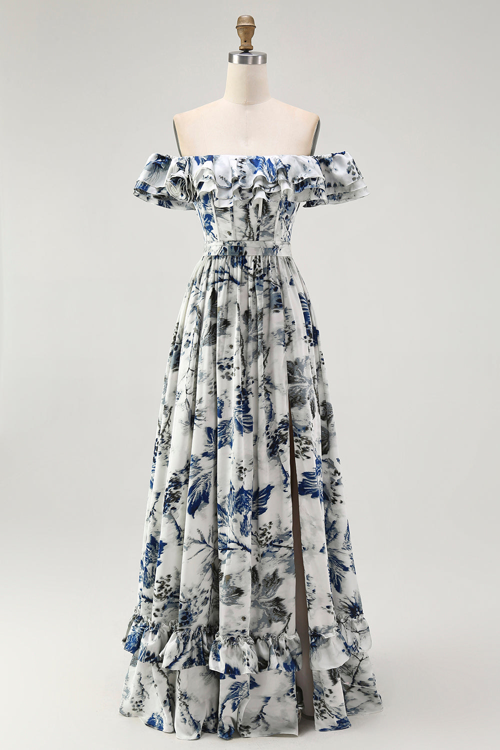 Leely Women Blue Chiffon A Line Long Wedding Guest Dress with Slit Floral Off the Shoulder Bridesmaid Dress with Ruffles