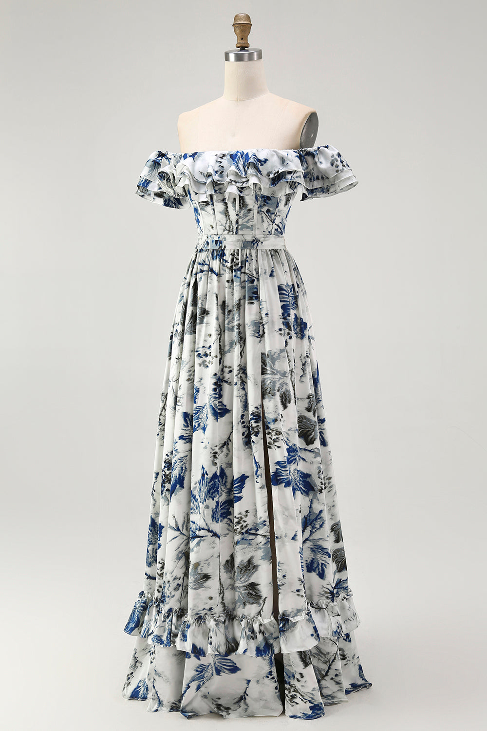 Blue A Line Floral Long Off the Shoulder Wedding Guest Dress with Ruffles
