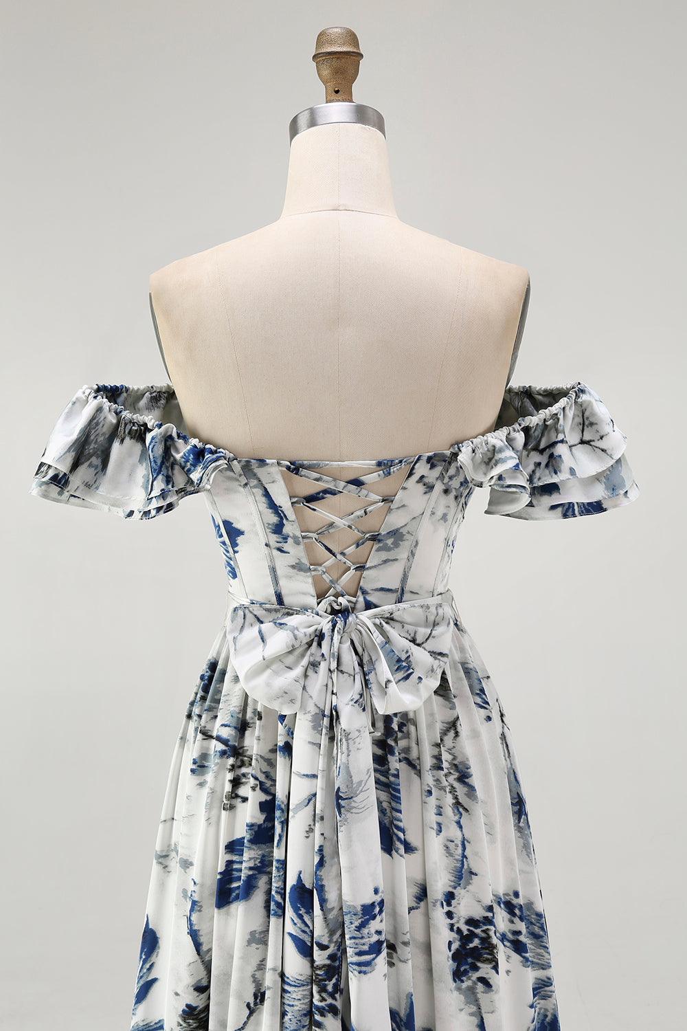 Blue A Line Floral Long Off the Shoulder Wedding Guest Dress with Ruffles