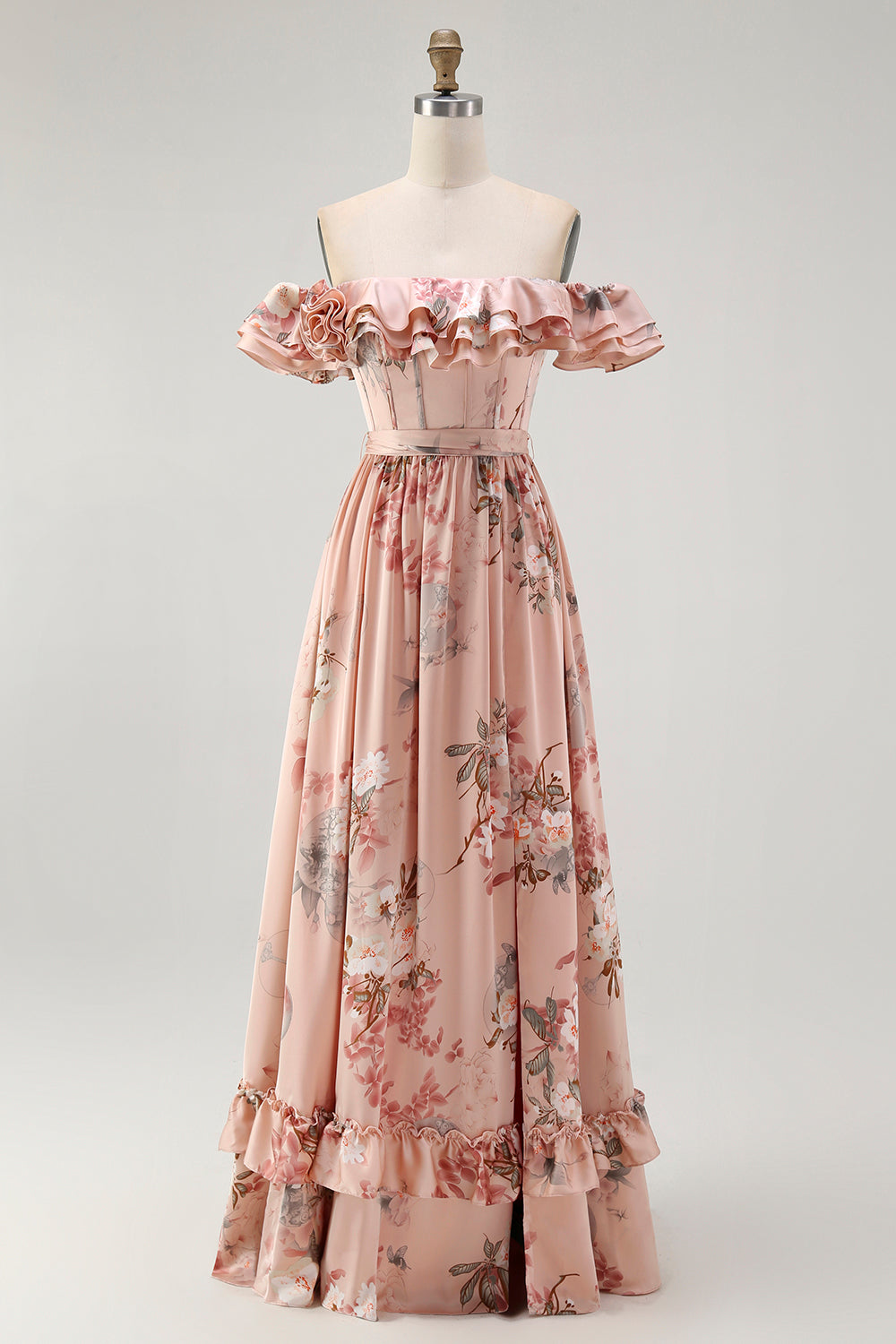 Leely Women Blush Corset Ruffled Long Wedding Guest Dress Floral A Line Off the Shoulder Bridesmaid Dress with Bow
