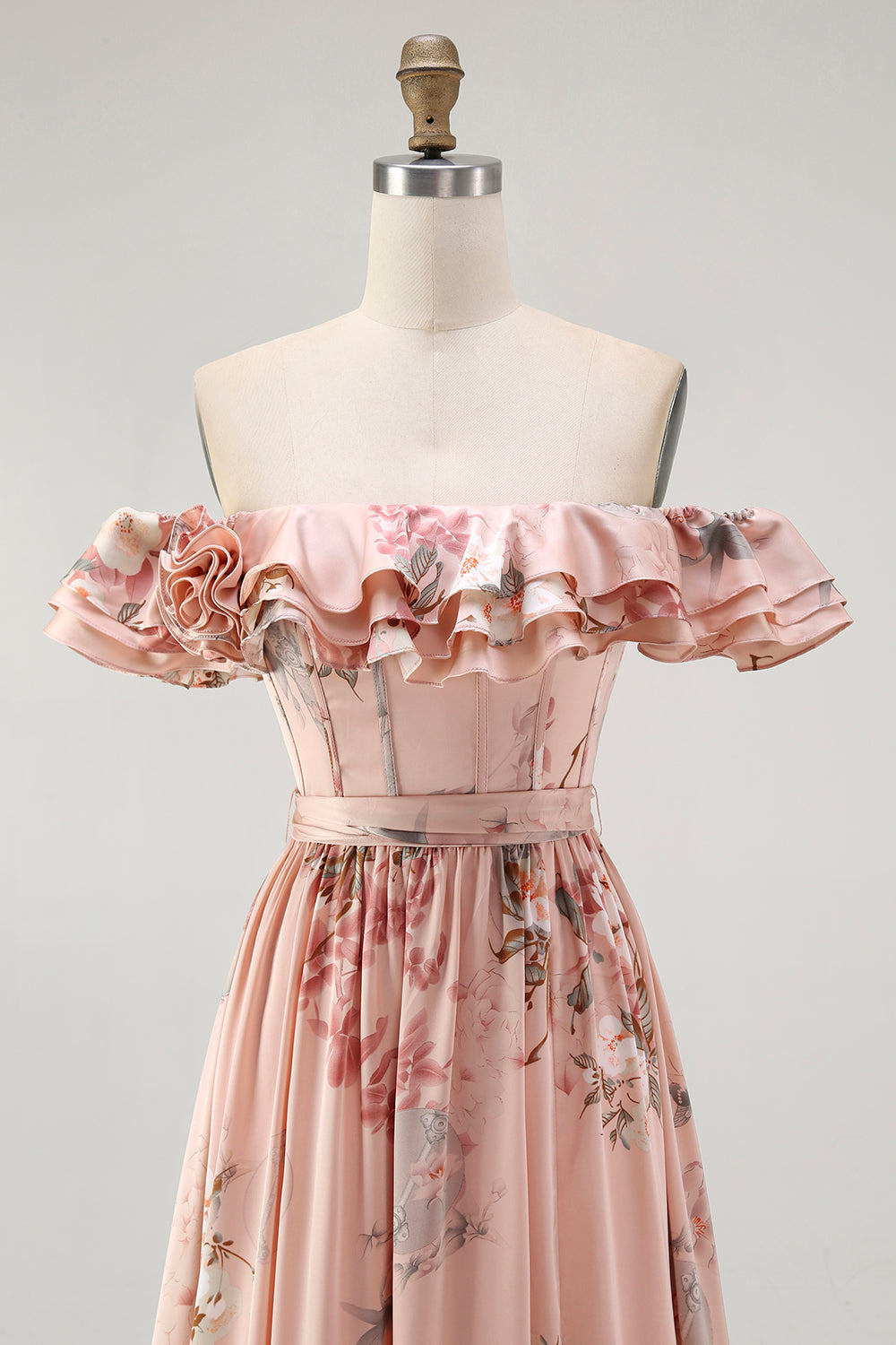 Blush Corset Floral A Line Long Wedding Guest Dress with Bow