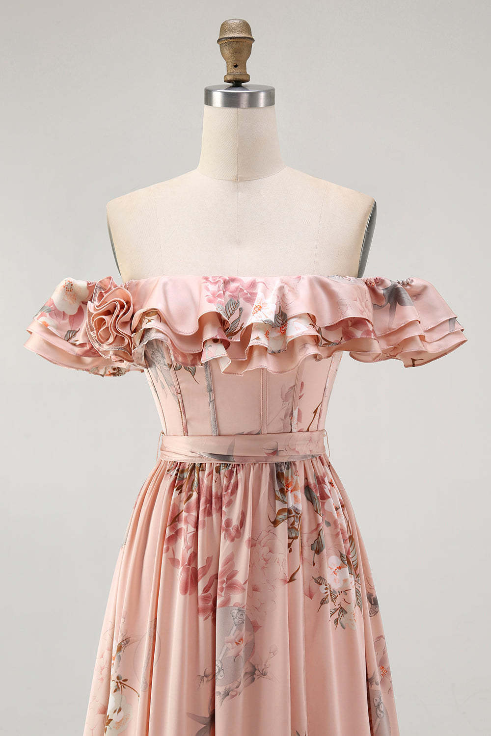 Blush Corset Floral A Line Long Wedding Guest Dress with Bow