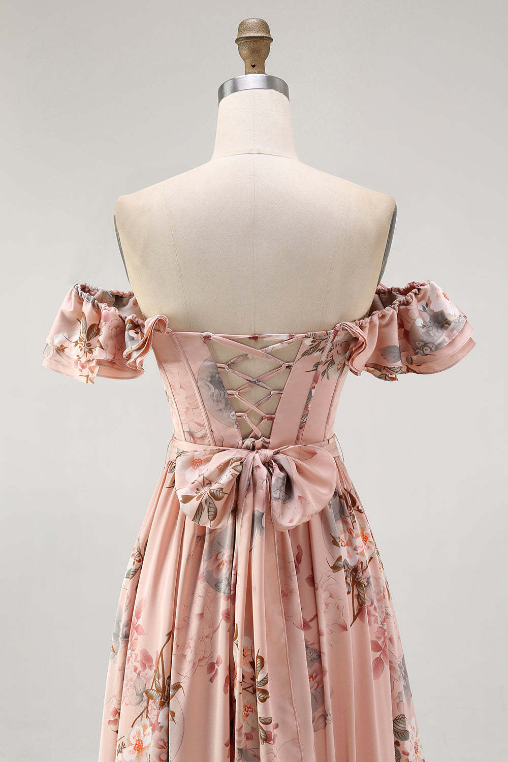 Blush Corset Floral A Line Long Wedding Guest Dress with Bow
