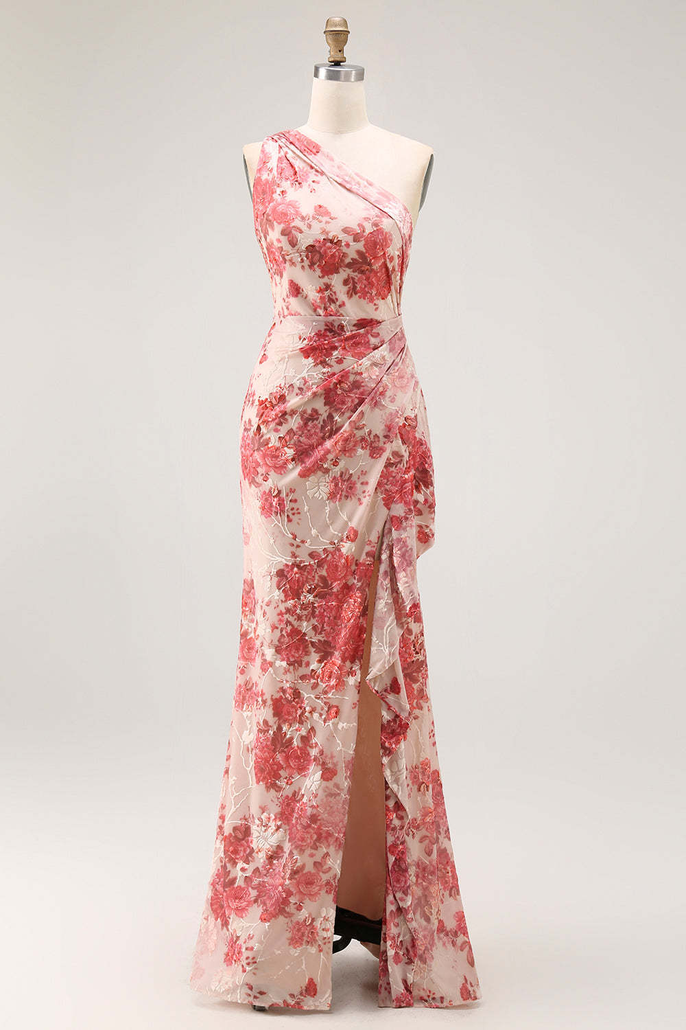 Leely Women Champagne Floral Long Prom Dress with Slit One Shoulder Mermaid Ruched Bridesmaid Dress