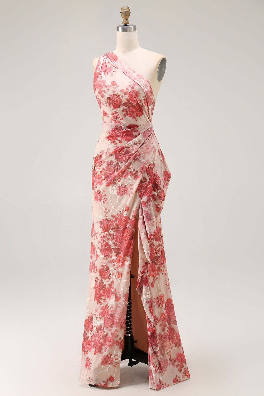 Champagne Floral Mermaid One Shoulder Long Wedding Guest Dress with Slit