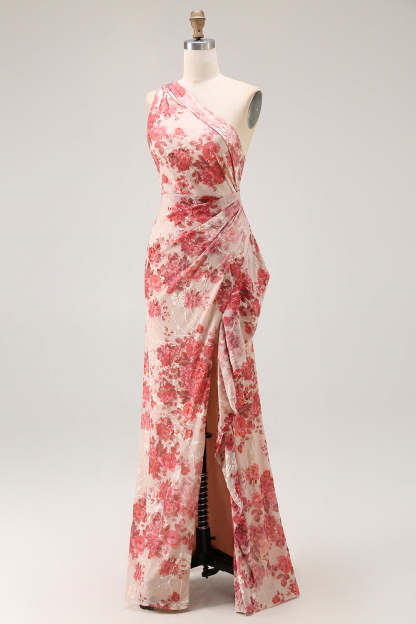 Champagne Floral Mermaid One Shoulder Long Wedding Guest Dress with Slit