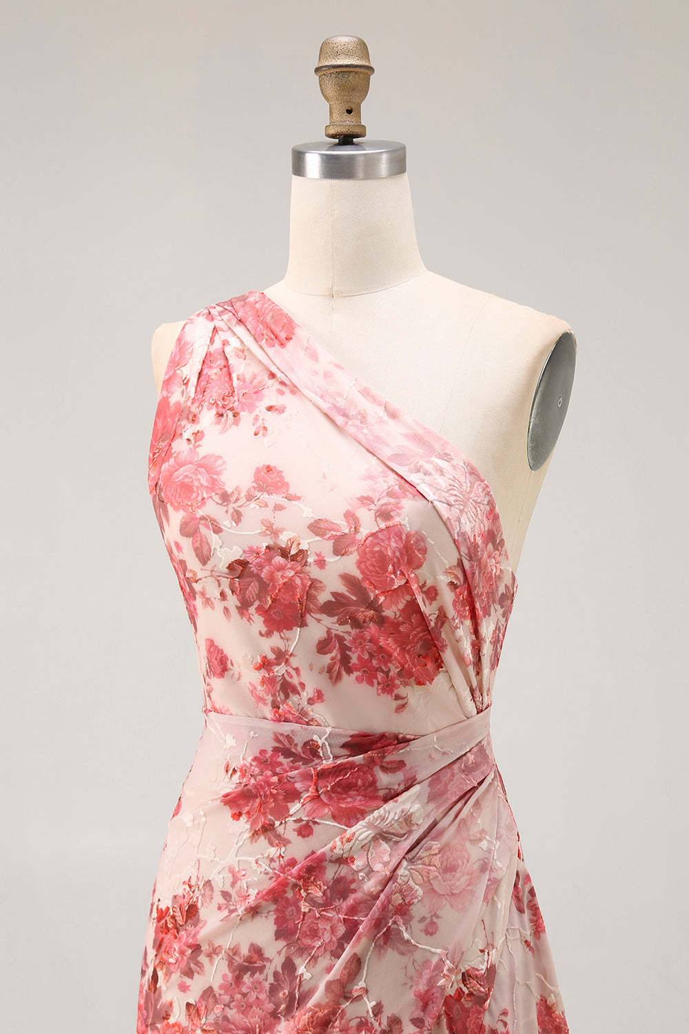 Champagne Floral Mermaid One Shoulder Long Wedding Guest Dress with Slit