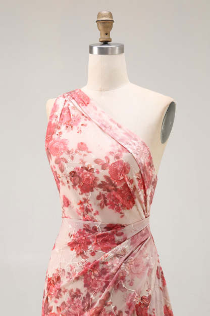 Champagne Floral Mermaid One Shoulder Long Wedding Guest Dress with Slit