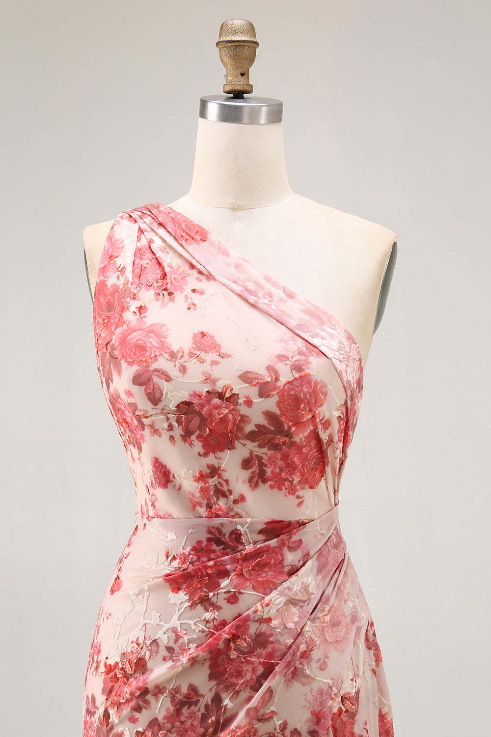 Champagne Floral Mermaid One Shoulder Long Wedding Guest Dress with Slit