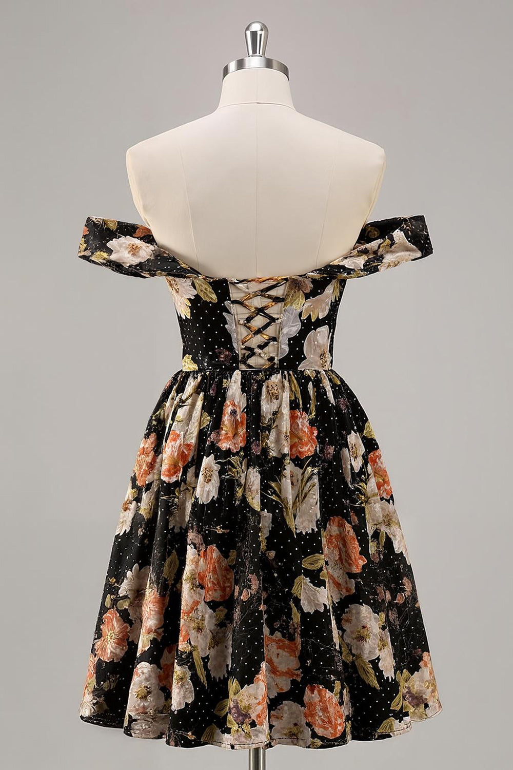 Black Floral A Line Lace up Back Short Homecoming Dress