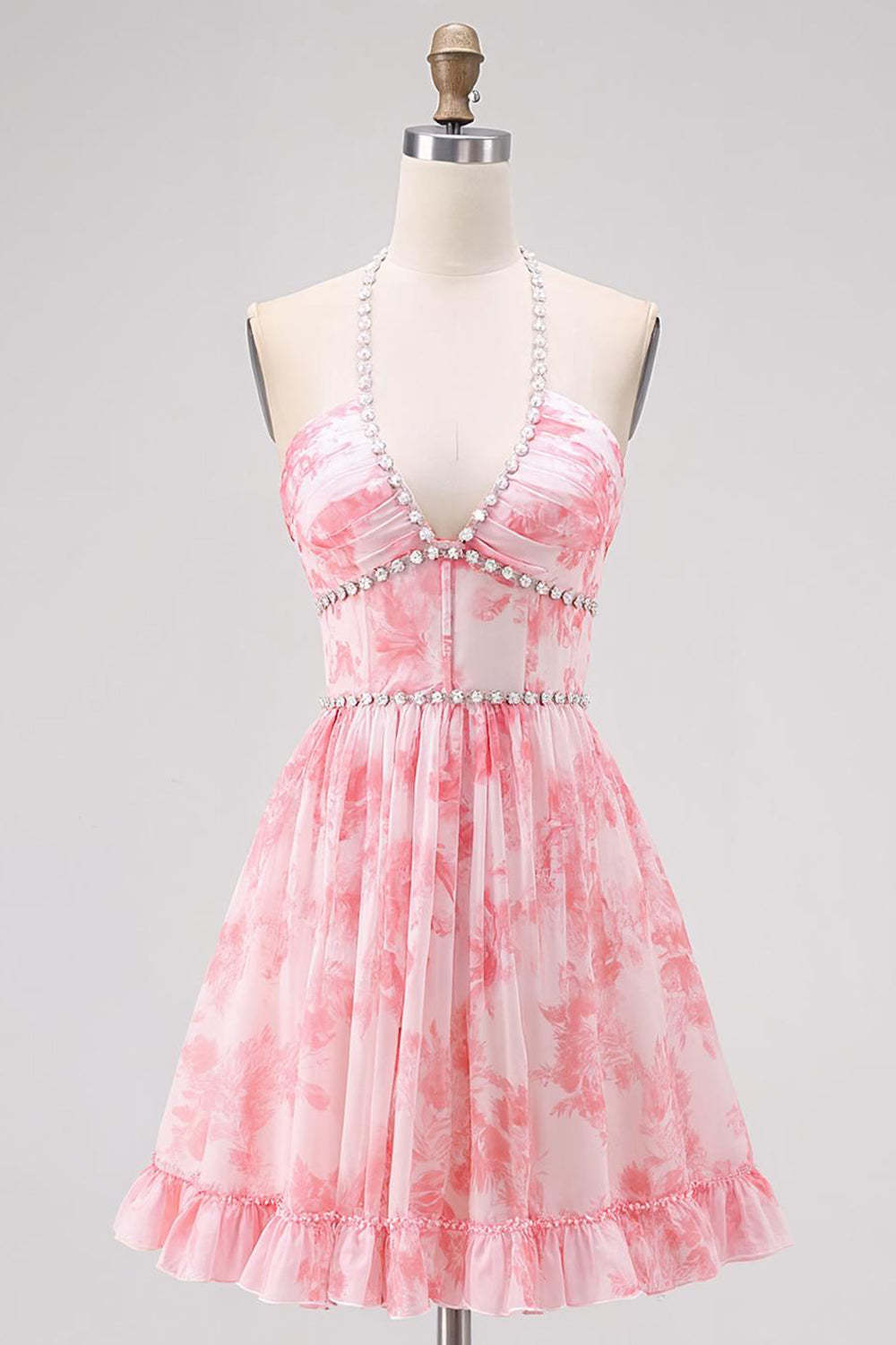 Leely Women Pink Floral Corset Short Homecoming Dress Halter Chiffon A Line Pearls Lace Up Back Cocktail Dress