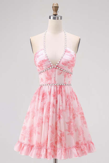 Leely Women Pink Floral Corset Short Homecoming Dress Halter Chiffon A Line Pearls Lace Up Back Cocktail Dress