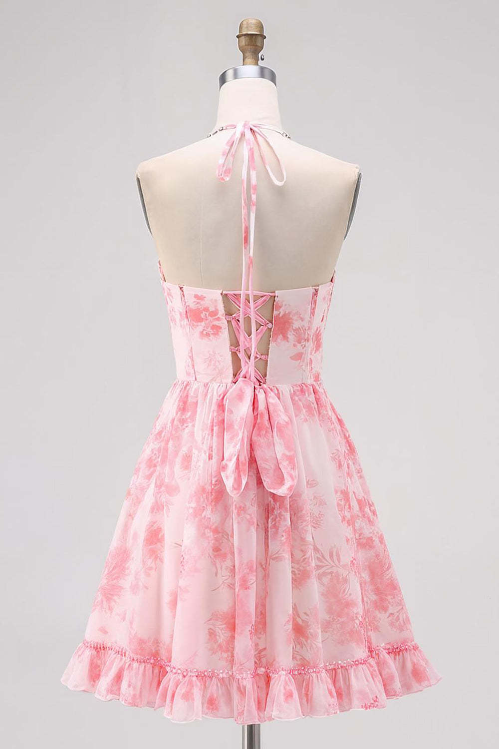 Pink Halter Floral Pearls Short A Line Homecoming Dress