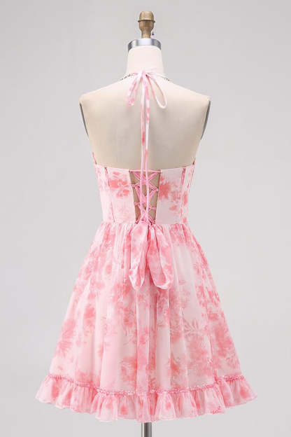 Pink Halter Floral Pearls Short A Line Homecoming Dress