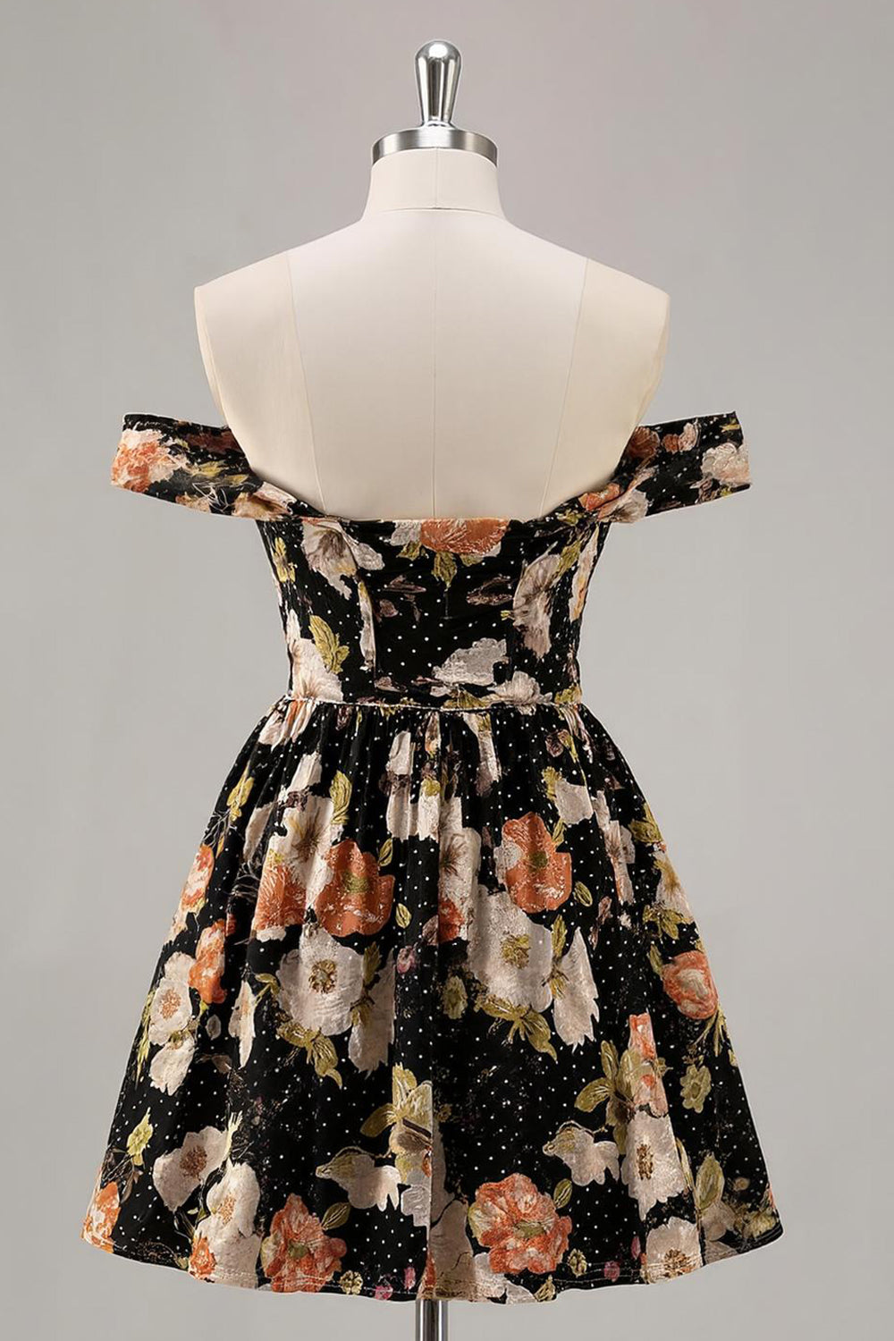 Black A Line Off the Shoulder Short Floral Homecoming Dress