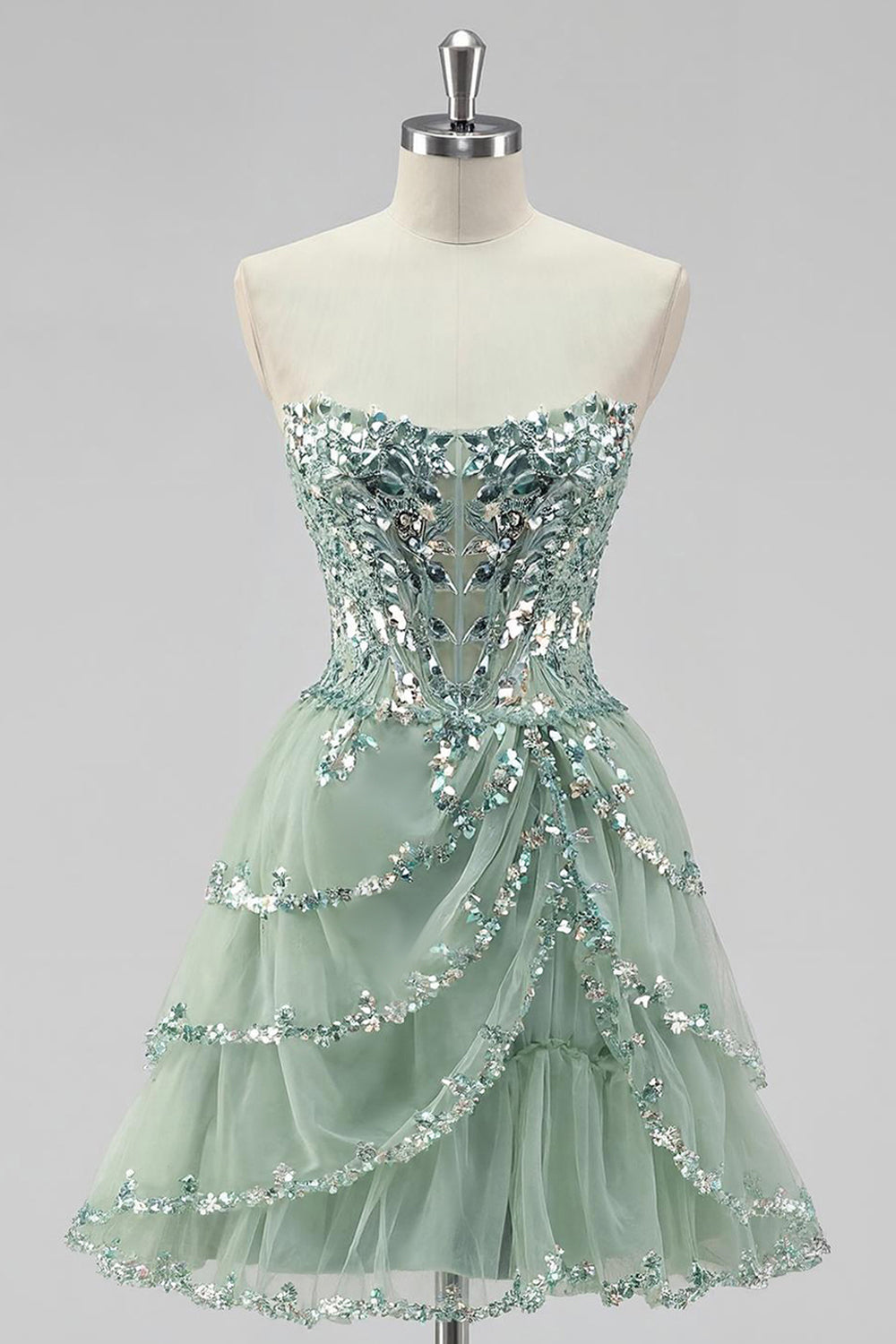 Sparkly Strapless Dusty Sage Short Tiered Homecoming Dress with Sequins