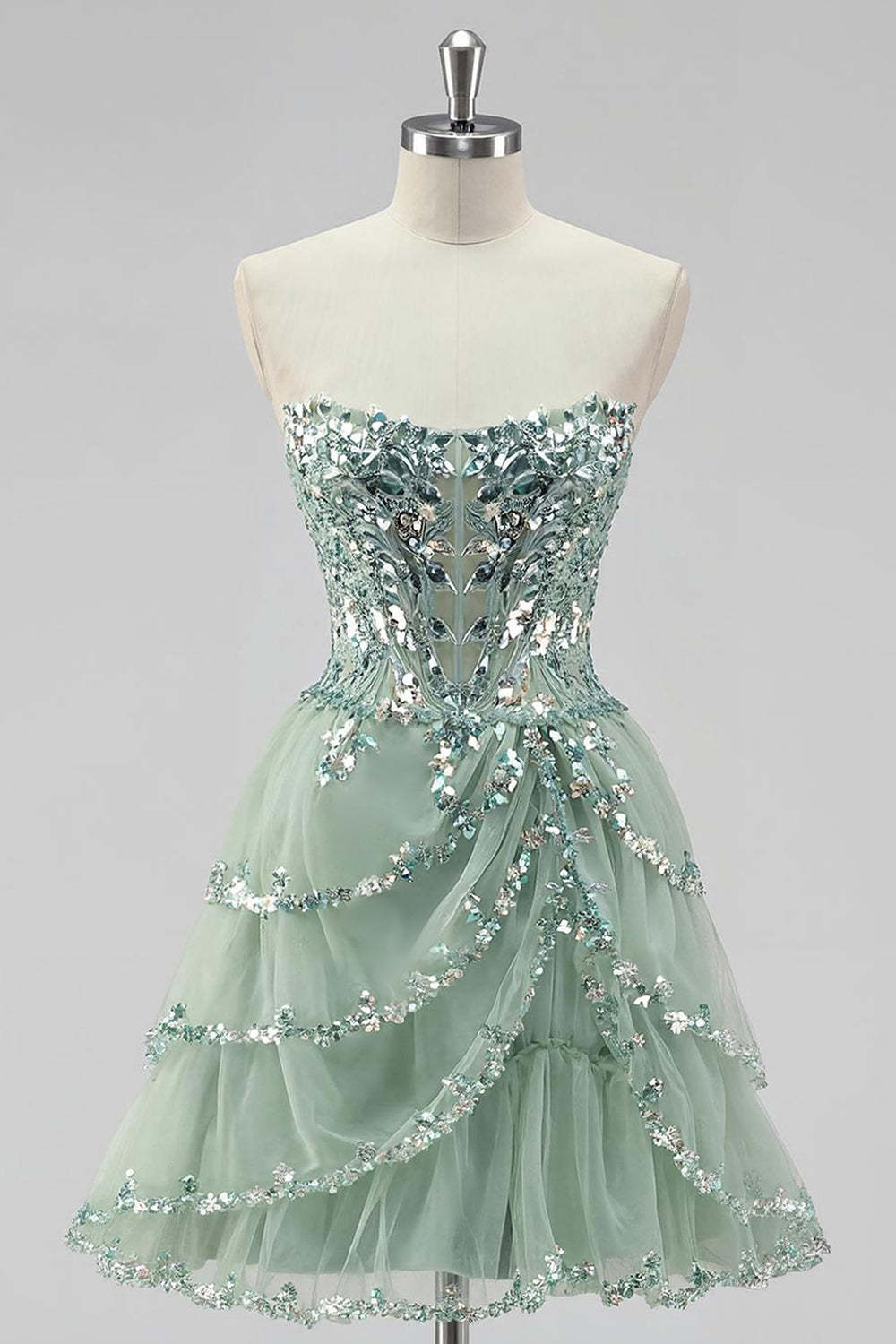 Leely Women Sparkly Dusty Sage Short Tiered Homecoming Dress with Sequins Tulle Strapless A Line Lace Up Back Cocktail Dress