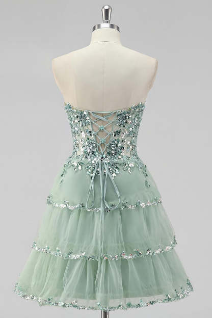 Sparkly Strapless Dusty Sage Short Tiered Homecoming Dress with Sequins