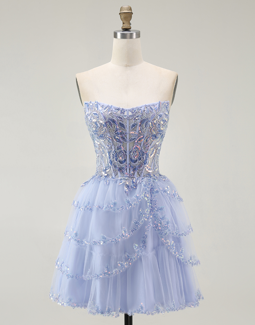 Sparkly Lavender Corset Tiered Short Homecoming Dress with Sequins