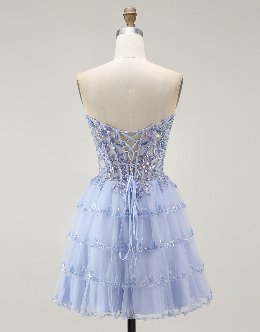 Sparkly Lavender Corset Tiered Short Homecoming Dress with Sequins