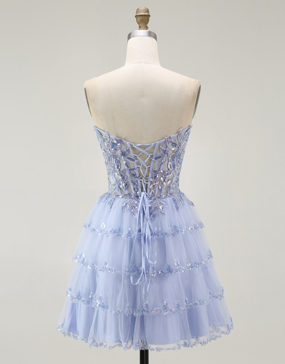 Sparkly Lavender Corset Tiered Short Homecoming Dress with Sequins