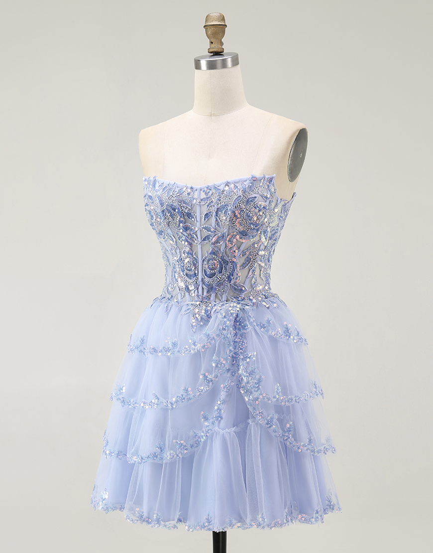 Sparkly Lavender Corset Tiered Short Homecoming Dress with Sequins