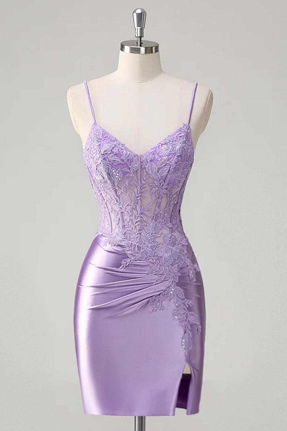 Leely Women Lilac Floral Corset Short Homecoming Dress with Slit Satin Tight Spaghetti Straps Cocktail Dress with Lace