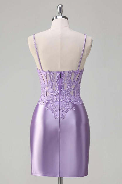 Lilac Floral Corset Tight Short Homecoming Dress with Slit