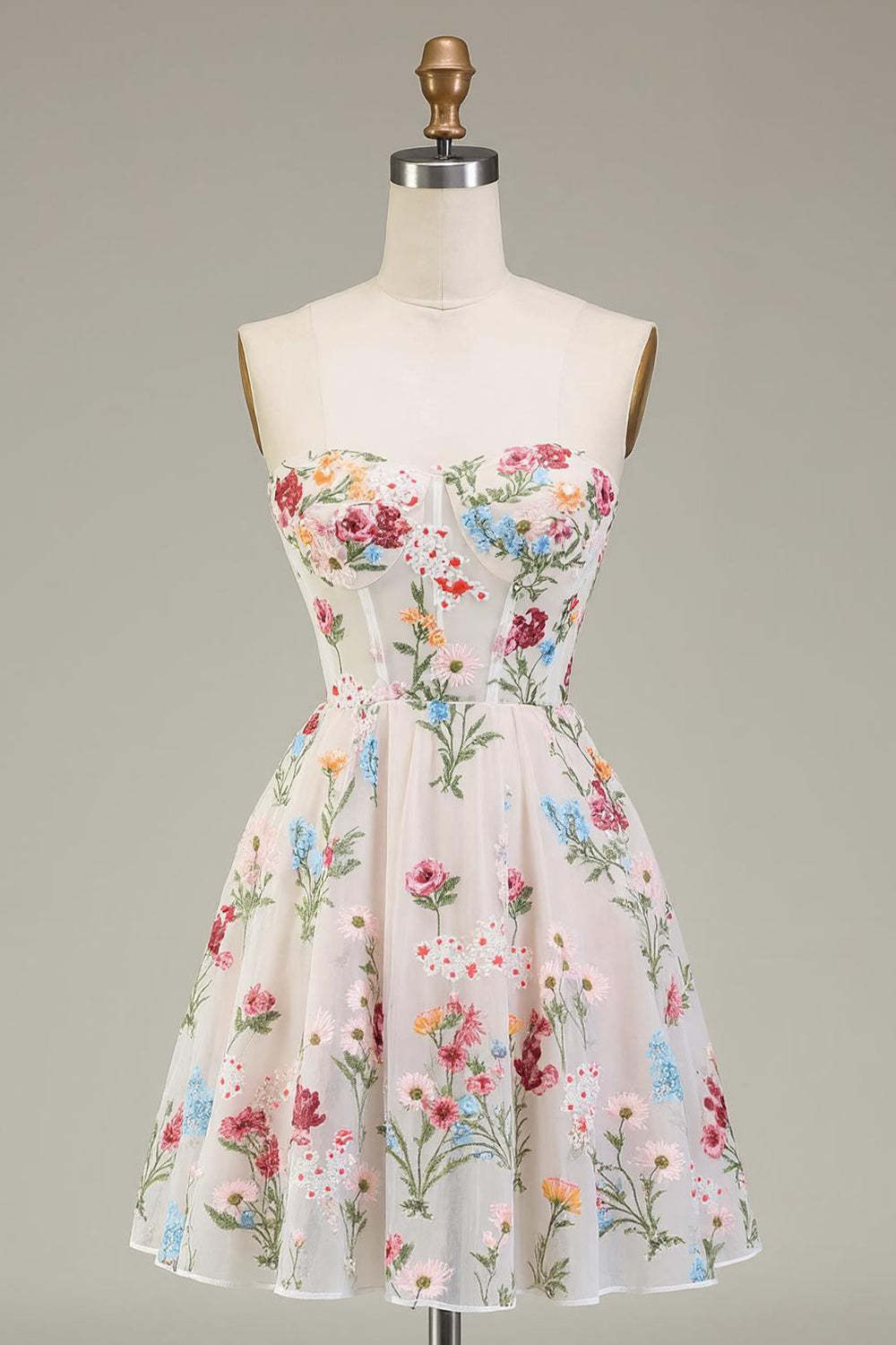 Leely Women Ivory Floral Corset Short Homecoming Dress Strapless A Line Lace Up Back Embroidered Cocktail Dress