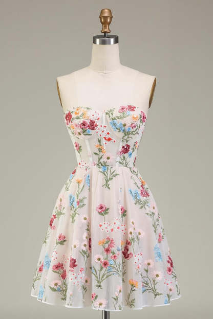 Leely Women Ivory Floral Corset Short Homecoming Dress Strapless A Line Lace Up Back Embroidered Cocktail Dress