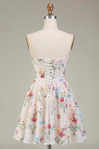 Ivory Corset A Line Short Floral Homecoming Dress