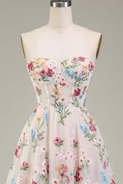 Ivory Corset A Line Short Floral Homecoming Dress