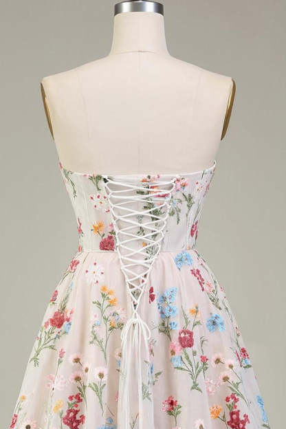 Ivory Corset A Line Short Floral Homecoming Dress