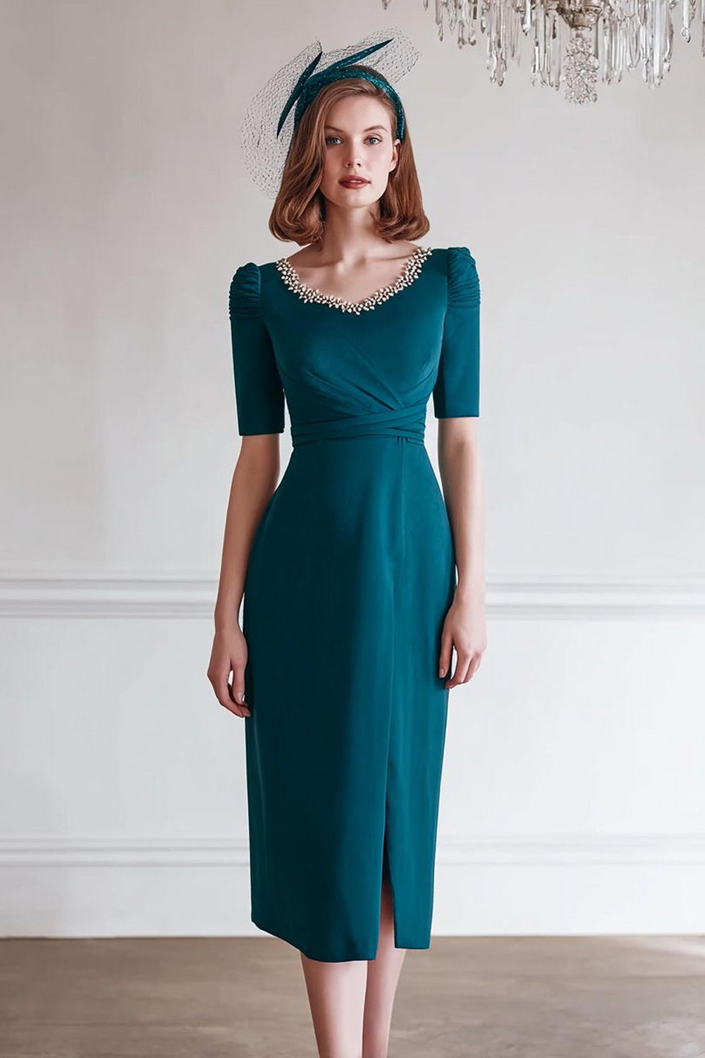 Leely Women Peacock Blue Midi Mother of the Bride Dress with Slit Round Neck Beaded Wedding Guest Dress with Sleeves