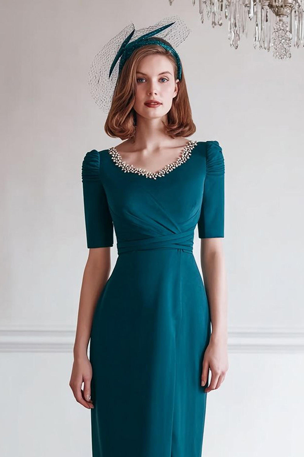 Peacock Blue Sheath Round Neck Midi Mother of the Bride Dress with Beading