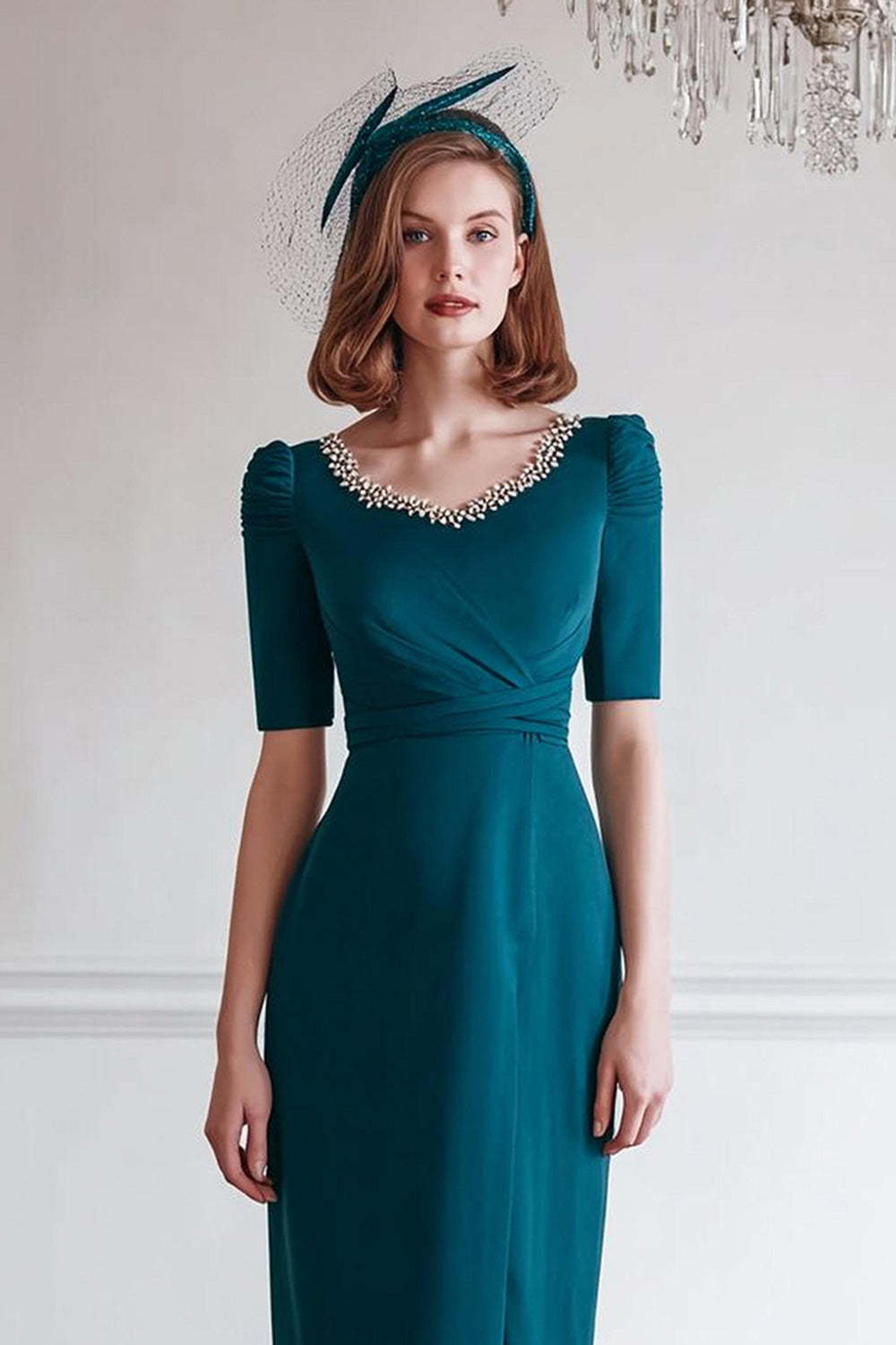 Peacock Blue Sheath Round Neck Midi Mother of the Bride Dress with Beading