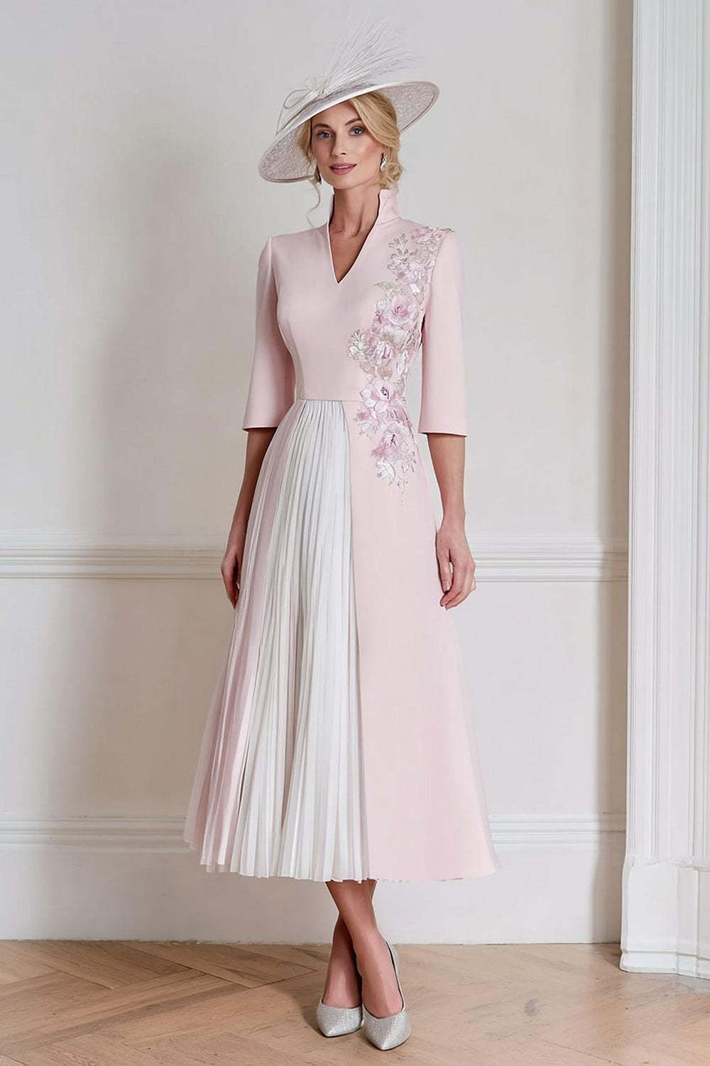 Leely Women Candy Pink Floral Midi Mother of the Bride Dress A Line Half Sleeves V-Neck Wedding Guest Dress with Appliques