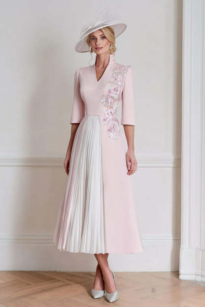 Leely Women Candy Pink Floral Midi Mother of the Bride Dress A Line Half Sleeves V-Neck Wedding Guest Dress with Appliques